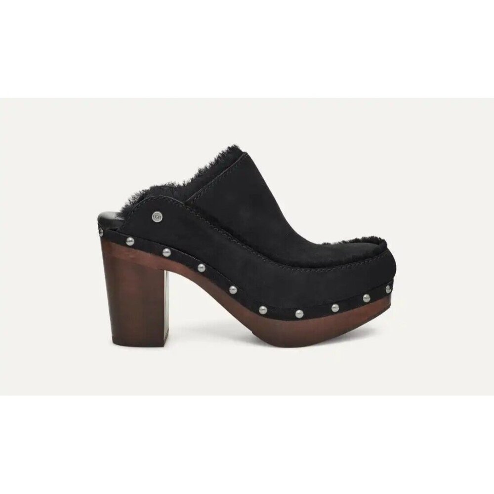 Ugg Aubriana Black Suede Clog Platform Studs Cozy Shearling Size 10 NWOB